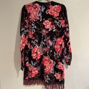 INC Dark Floral Embroidered Open Front Long‎ Fringed Cardigan Sweater Boho Sz. L